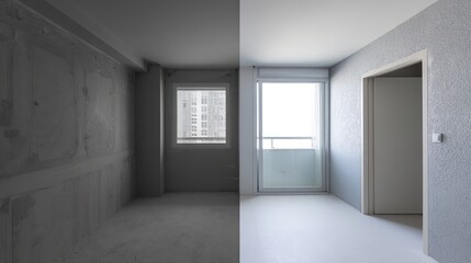 インテリア改装の進捗状況の比較。アンビエント照明によるシンプルな部屋の変化を示しています。