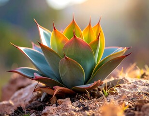 A vibrant agave plant, bathed in warm sunlight, displays a stunning array of colorful leaves against a rocky backdrop.