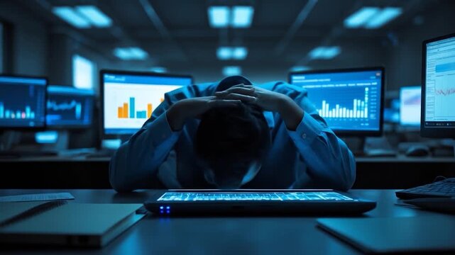 Stressed Man in Data Center, Financial Crisis, Losing Money.