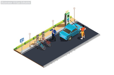 Obraz premium Electric car and electric bike charging in empty parking area with fast supercharger station. Flat vector illustration isolated on a white background