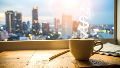 Obraz na płótnie Canvas Coffee cup with money symbol, city view