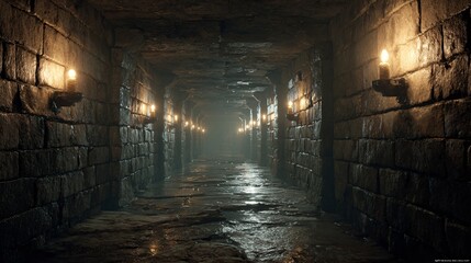 Medieval dungeon corridor stone walls torch lighting castle interior fantasy game environment dark.