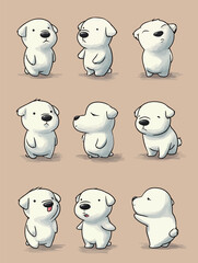 A collection of adorable cartoon puppies showcases their playful demeanor and various expressions while set against a neutral beige backdrop.