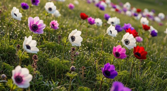 Colorful Anemone Field Sparkles with Morning Dew Drops and Soft Bokeh Light