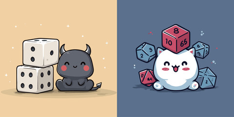 Two adorable cartoon characters enjoy a playful moment with various dice.