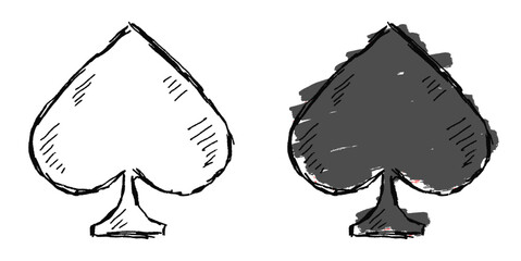 Grunge sketch hand-drawn spades playing card symbol vector. Ideal for adding a raw, textured feel to casino, gambling, and card game themes. Features a distressed and edgy aesthetic.