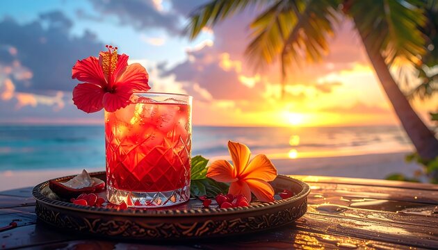 A vibrant cocktail garnished with hibiscus flowers sits on a decorative tray at sunset over a tropical beach, showcasing warm colors and a relaxing atmosphere. - Powered by Adobe