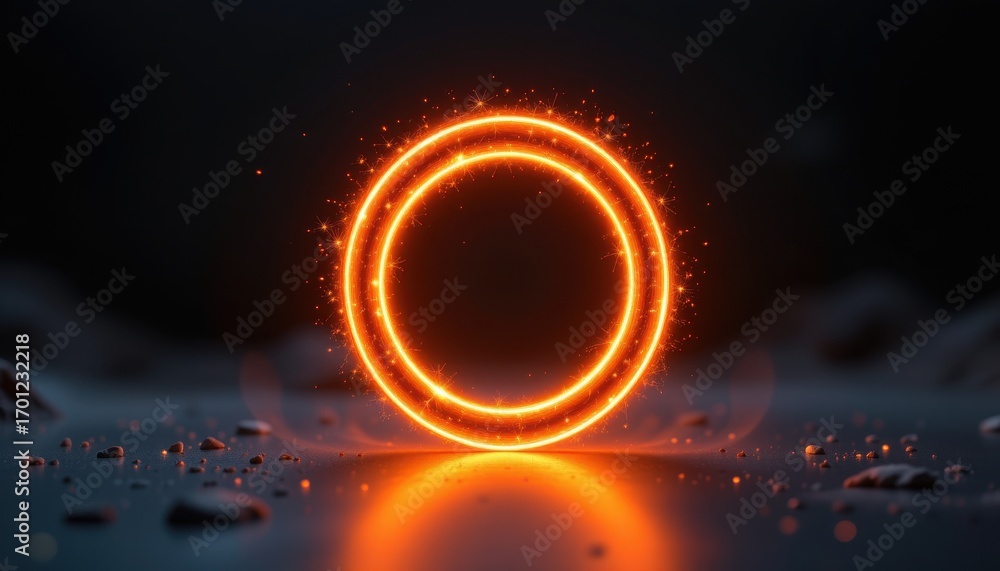 Poster glowing circular light ring with sparkles on dark background for abstract design