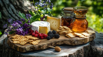 A wooden board displaying cheeses, crackers, honey, and berries.