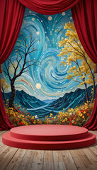 Red stage podium with swirling starry sky and floral backdrop platform circular