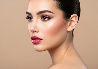 Fototapeta premium Close-up Side Profile of Beautiful Woman with Glossy Red Lips and Elegant Makeup