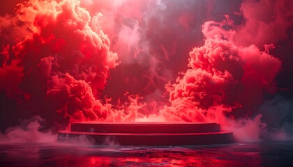 Dramatic red smoke fills the air around a multi-tiered platform, creating a captivating and intense scene.