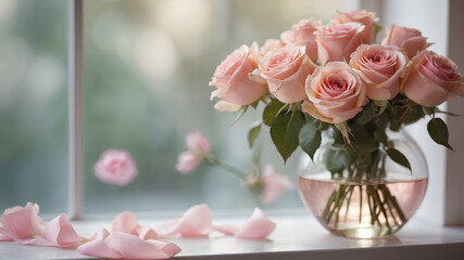 Romantic bouquet of pink roses home window floral arrangement soft background close-up view love concept