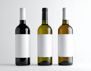 Fototapeta premium Three wine bottles with blank labels display against a plain backdrop, showcasing a simple yet elegant design template.
