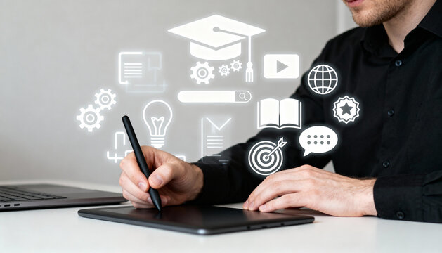 Modern digital study scene with big holographic icons and soft lighting