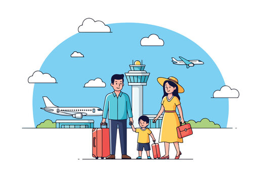 Adobe illustrator artwork vector illustration of a family of three, parents and a child, at the airport with luggage, ready to travel, against a backdrop of planes and an air traffic control tower