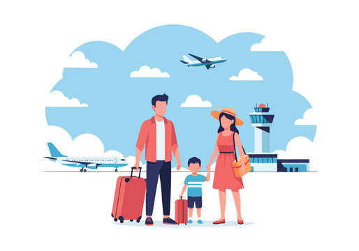 Adobe illustrator artwork vector illustration of a family of three, parents and a child, at the airport with luggage, ready to travel, against a backdrop of planes and an air traffic control tower