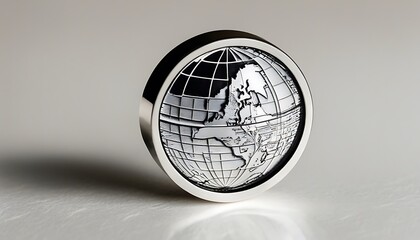 A close up of a silver ring with a globe design on it sitting on a white surface with a soft shadow