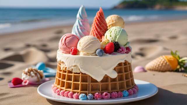 Delicious ice cream cake by the beach summer treat outdoor dessert background vibrant colors
