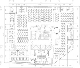 Black and White Office Floor Plan with Cubicles and Reception