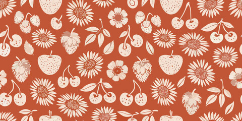 Charming hand drawn seamless pattern with strawberries cherries sunflowers and leaves on a terracotta background