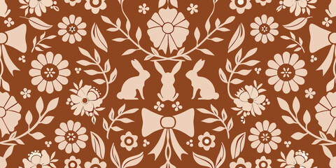 Charming floral pattern with silhouettes of rabbits and bows in earthy tones