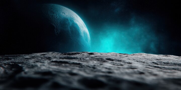 Moon Crater Nightscape concept. Mysterious landscape with a distant planet and ethereal blue light.