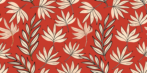 Fototapeta premium Seamless pattern of stylized palm leaves in cream and black on a terracotta red background