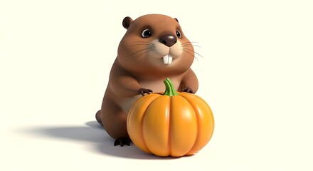 Fototapeta premium Cartoon beaver with buck teeth holding an orange pumpkin for autumn harvest and halloween celebration in a cute style