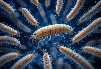 a captivating closeup of marine isopods, small crustacean arthropods, in their ocean habitat, exhibiting parasite behavior.