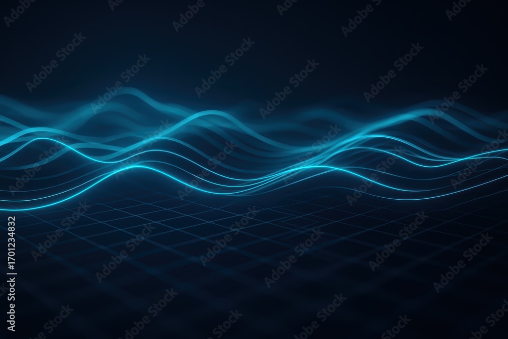 Poster futuristic digital horizon of neon data waves and infinite grid evoking boundless innovation and nex
