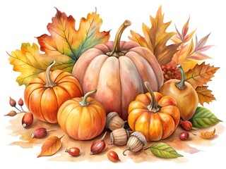 Watercolor Autumn Harvest Still Life with Pumpkins Leaves Acorns and Berries