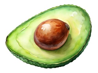 Watercolor illustration of a ripe avocado half with pit on a white background