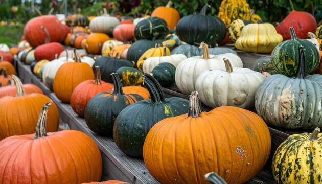 Display of various colorful gourds, primarily pumpkins, arranged on wooden tiered steps outdoors. Variety of shapes and hues - Powered by Adobe