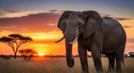 Obraz premium Majestic African Elephant in Golden Hour Savanna: Vibrant Sunset Wildlife Portrait