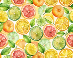 Vibrant Citrus Fruit Watercolor Pattern Lemons Limes Oranges and Grapefruit with Green Leaves