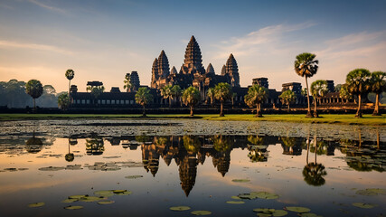 Naklejka premium Angkor wat sunrise reflection cambodia landscape photography serene background tranquil environment