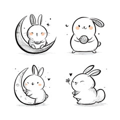 Four adorable rabbits depicted in a charming style, enjoying various activities under a crescent moon, showcasing playful and joyful moments.