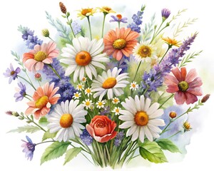 Watercolor floral arrangement featuring daisies lavender and other wildflowers on a white background