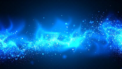 A vibrant, dynamic display of flowing, bright blue particles against a dark background.
