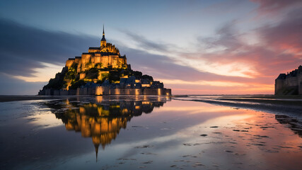 Fototapeta premium Majestic sunset over mont saint-michel france landscape image tranquil background reflection