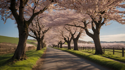 Obraz premium Cherry blossom pathway scenic road nature photography springtime background peaceful environment serene viewpoint