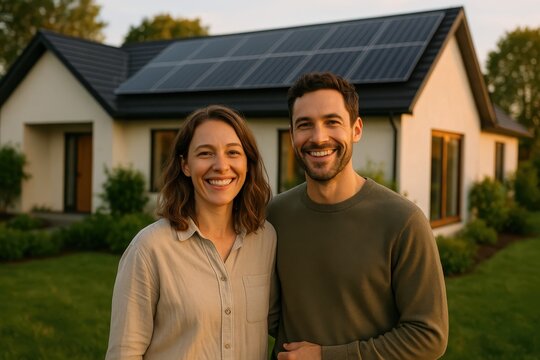Smiling couple standing outside modern eco home with rooftop solar panels sustainable living and renewable energy lifestyle in warm evening light