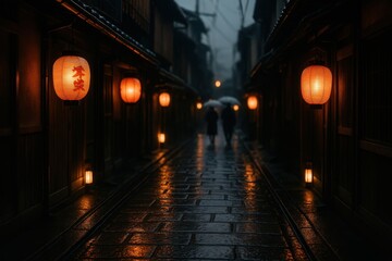 Lantern lit Kyoto alley at blue hour with rain slick cobblestones traditional machiya facades and gentle mist evocative travel atmosphere inviting wanderers to explore