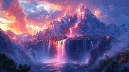 Naklejka premium Majestic waterfall cascading down a snow-capped mountain at sunset.