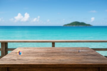 Fototapeta premium Empty rustic wooden tabletop overlooking a calm turquoise sea and distant island under clear blue sky with copy space for product mockups