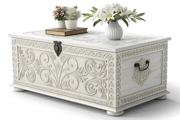 Antique white carved wooden chest with floral arrangements and book