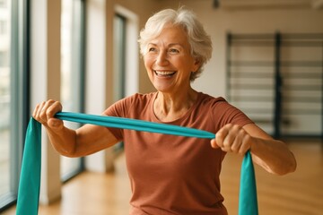Confident senior woman training with resistance bands in sunlit studio gym joyful fitness portrait with copy space