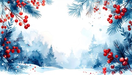 Winter watercolor background presentation design with text space for display, winter branches and berries, pine twigs and snowflakes on a white background with empty center area for text
