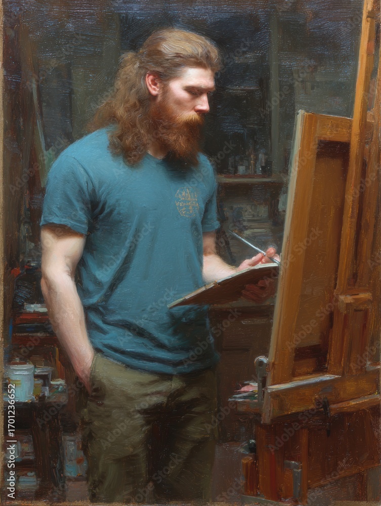 Poster creative artist focusing intently on sketching at an easel in a warm and inviting studio space with 